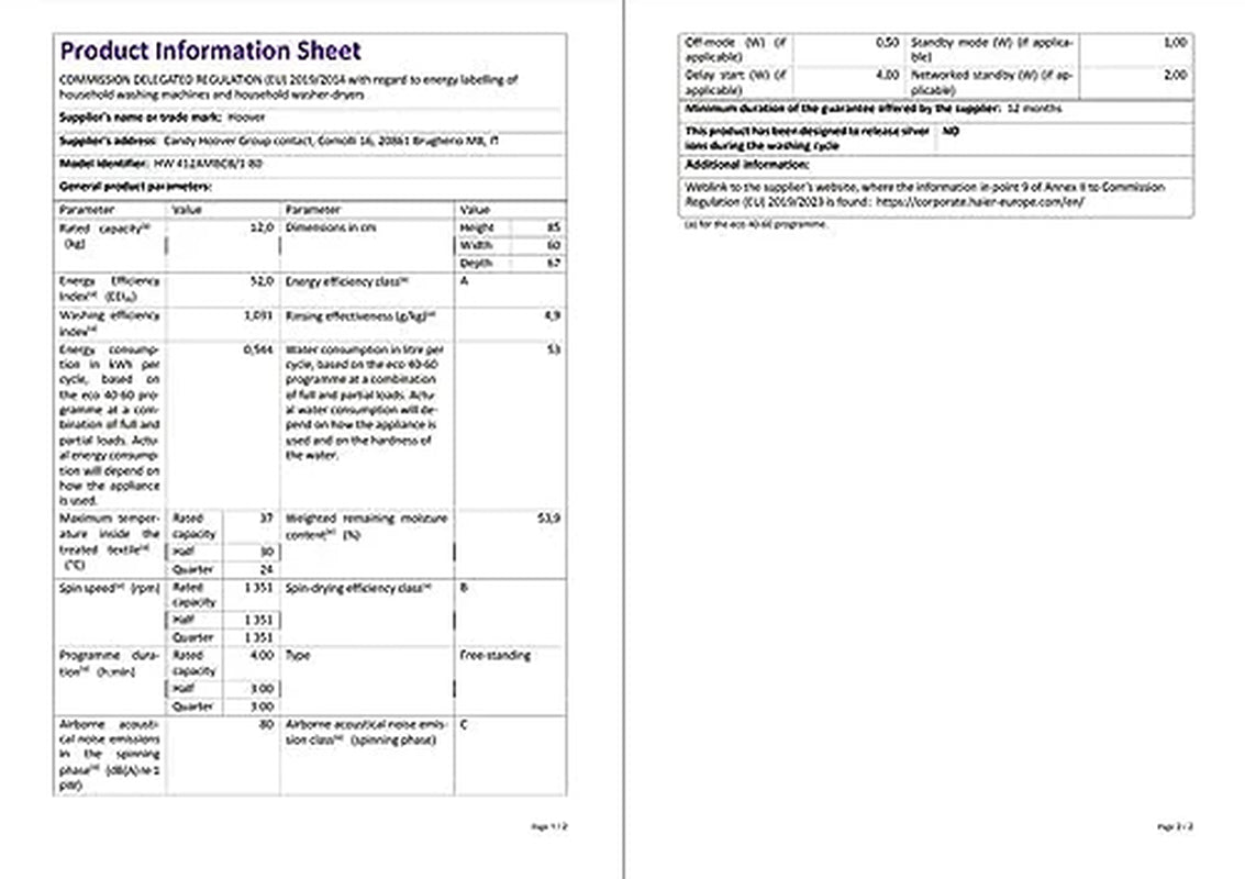 Hoover H-Wash 500 HW412AMBCB Freestanding Washing Machine